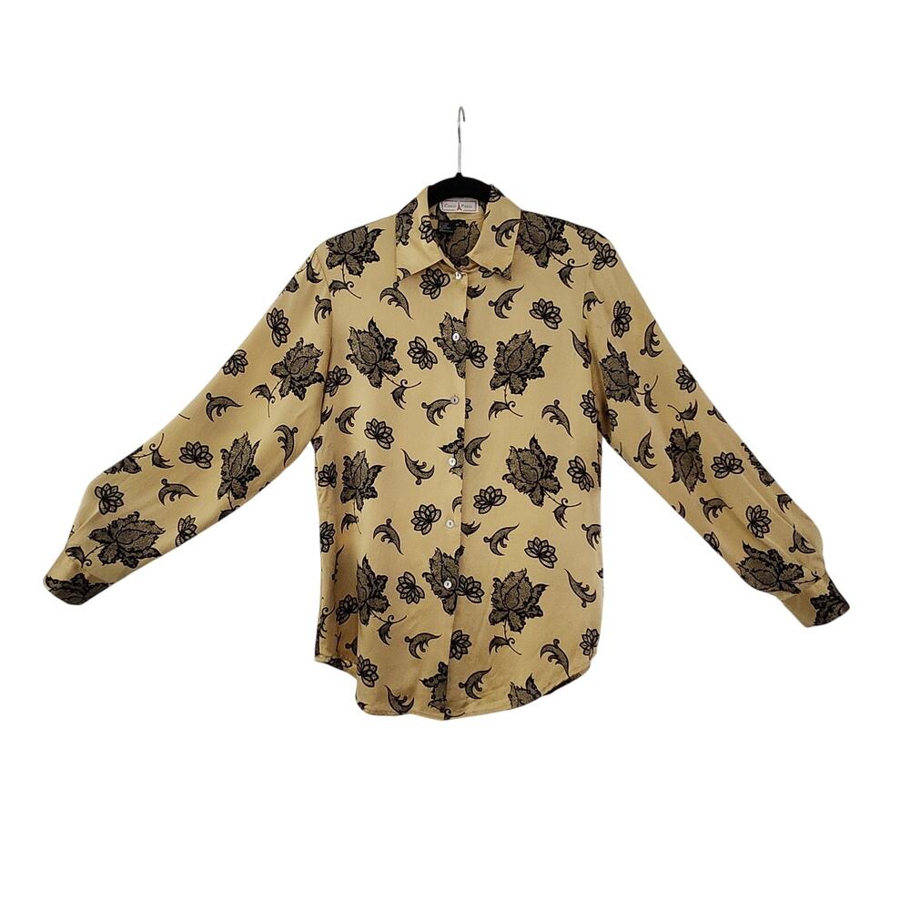 Coco Paris 100% Silk Semi-Sheer Floral Light on Golden Color Women Blouse